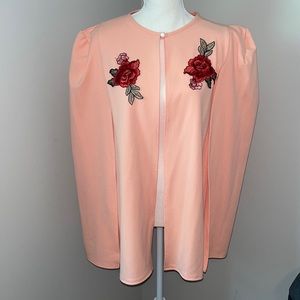 NWT BooHoo light pink embroidered rose open front blazer